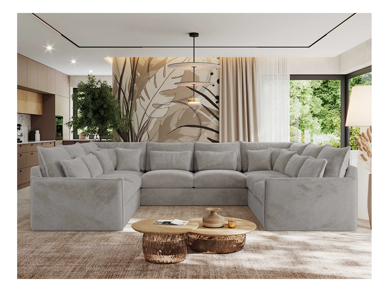 Ecksofa VERSO U8M - modulare U-förmige Ecke mit Armlehnen, Wohnlandschaft, Ecksofa XXL, lose Kissen - Hellgrau Plüsch