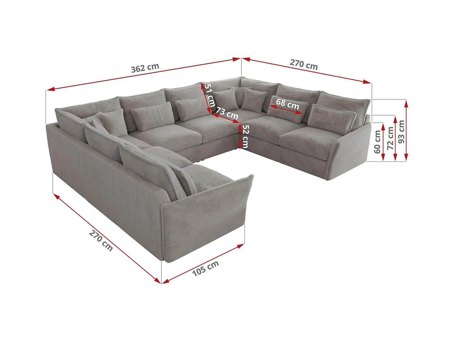 Ecksofa VERSO U8M - modulare U-förmige Ecke mit Armlehnen, Wohnlandschaft, Ecksofa XXL, lose Kissen - Hellgrau Plüsch