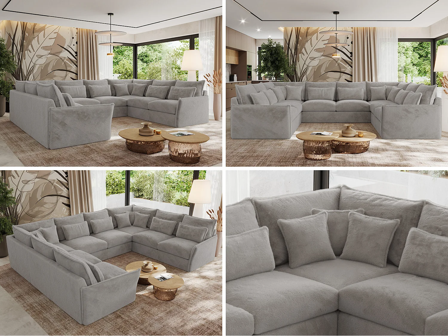 Ecksofa VERSO U8M - modulare U-förmige Ecke mit Armlehnen, Wohnlandschaft, Ecksofa XXL, lose Kissen - Hellgrau Plüsch