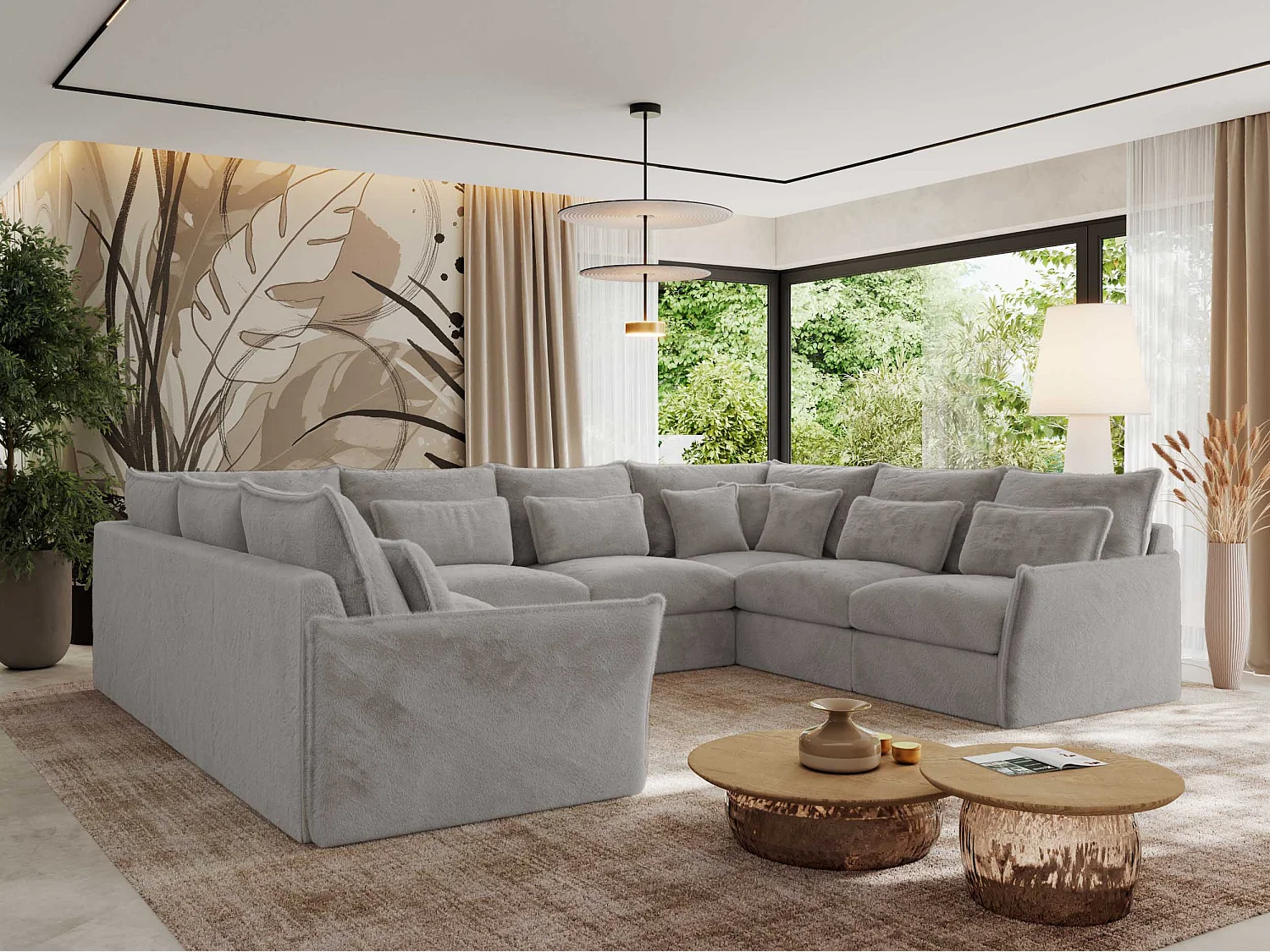 Ecksofa VERSO U8M - modulare U-förmige Ecke mit Armlehnen, Wohnlandschaft, Ecksofa XXL, lose Kissen - Hellgrau Plüsch
