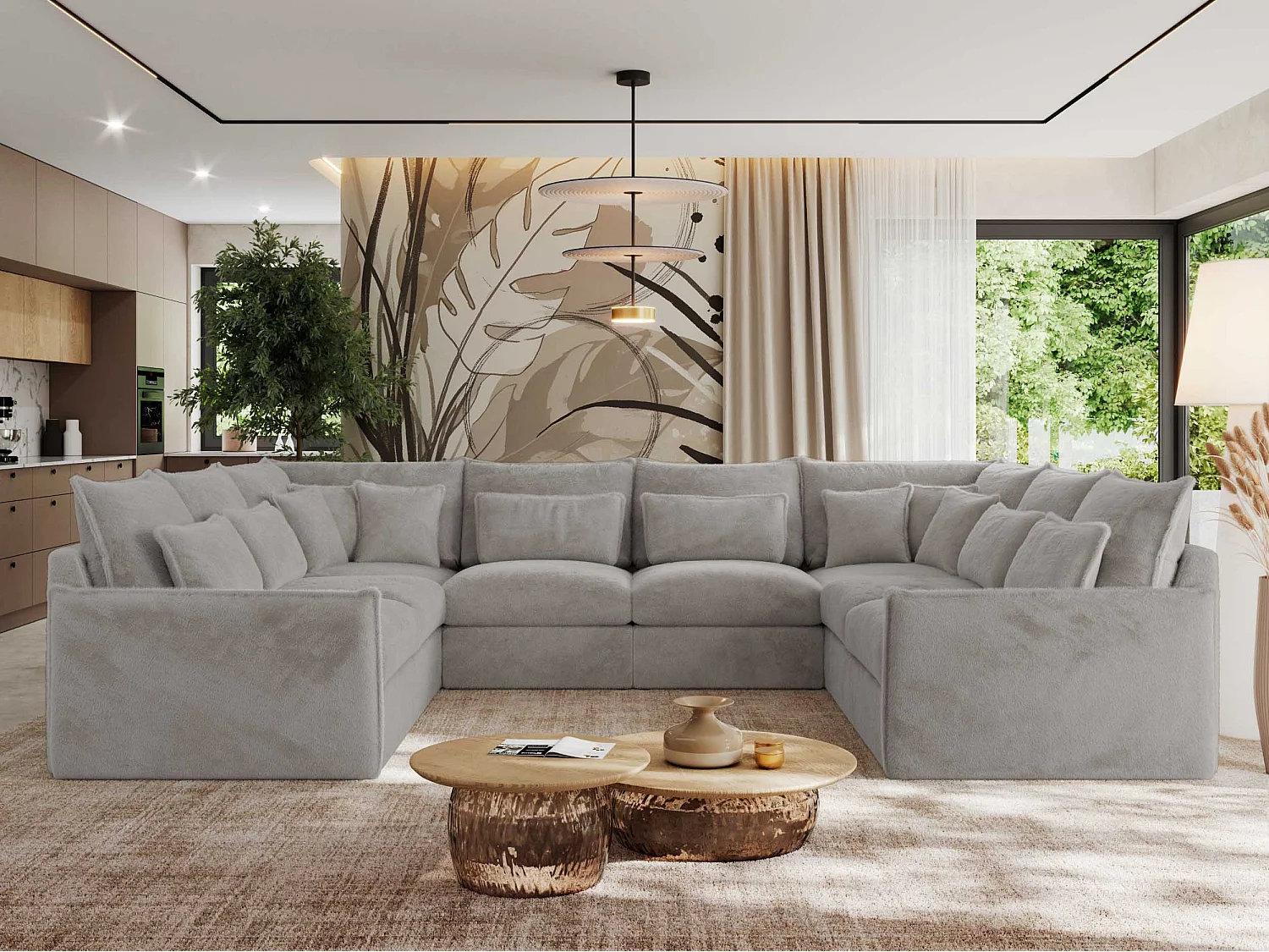 Ecksofa VERSO U8M - modulare U-förmige Ecke mit Armlehnen, Wohnlandschaft, Ecksofa XXL, lose Kissen - Hellgrau Plüsch