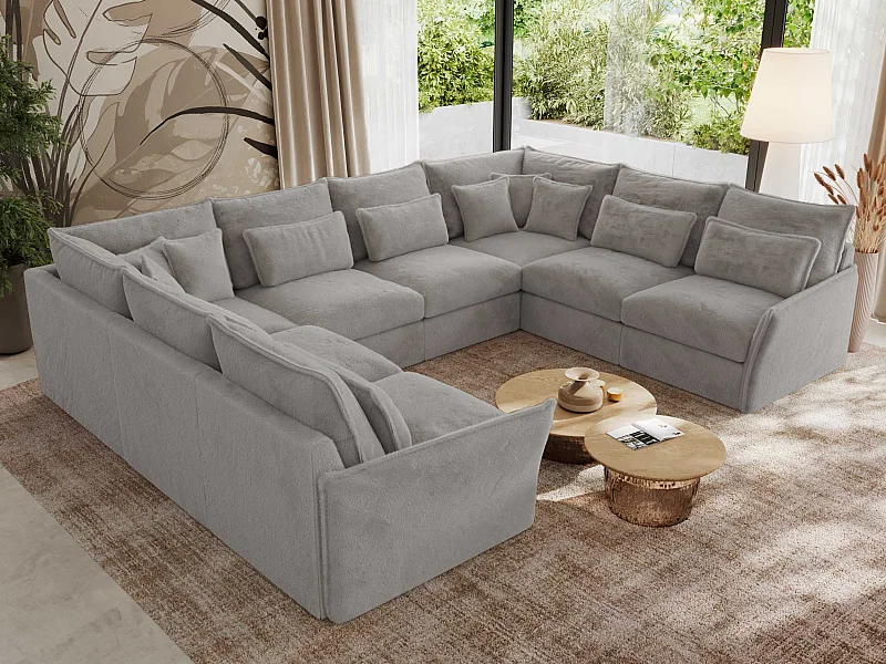 Ecksofa VERSO U8M - modulare U-förmige Ecke mit Armlehnen, Wohnlandschaft, Ecksofa XXL, lose Kissen - Hellgrau Plüsch