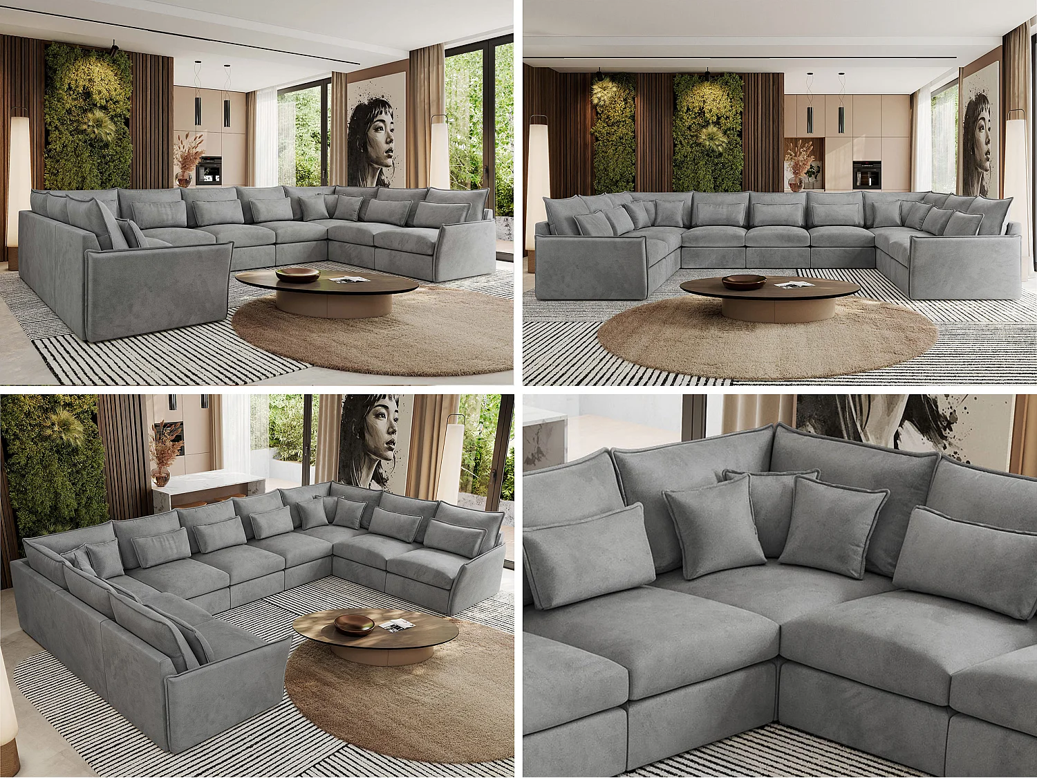 Ecksofa VERSO U9M - XXL Wohnlandschaft Ecke, modulare, Armlehnen und lose Kissen - Hellgrau Velvet