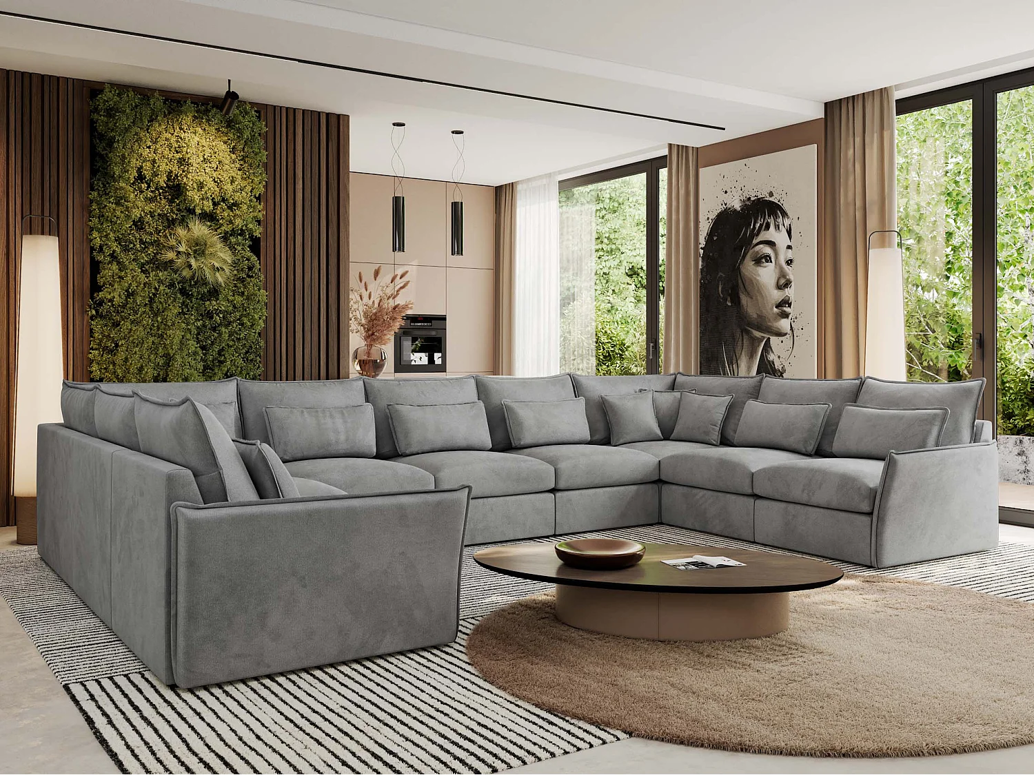 Ecksofa VERSO U9M - XXL Wohnlandschaft Ecke, modulare, Armlehnen und lose Kissen - Hellgrau Velvet