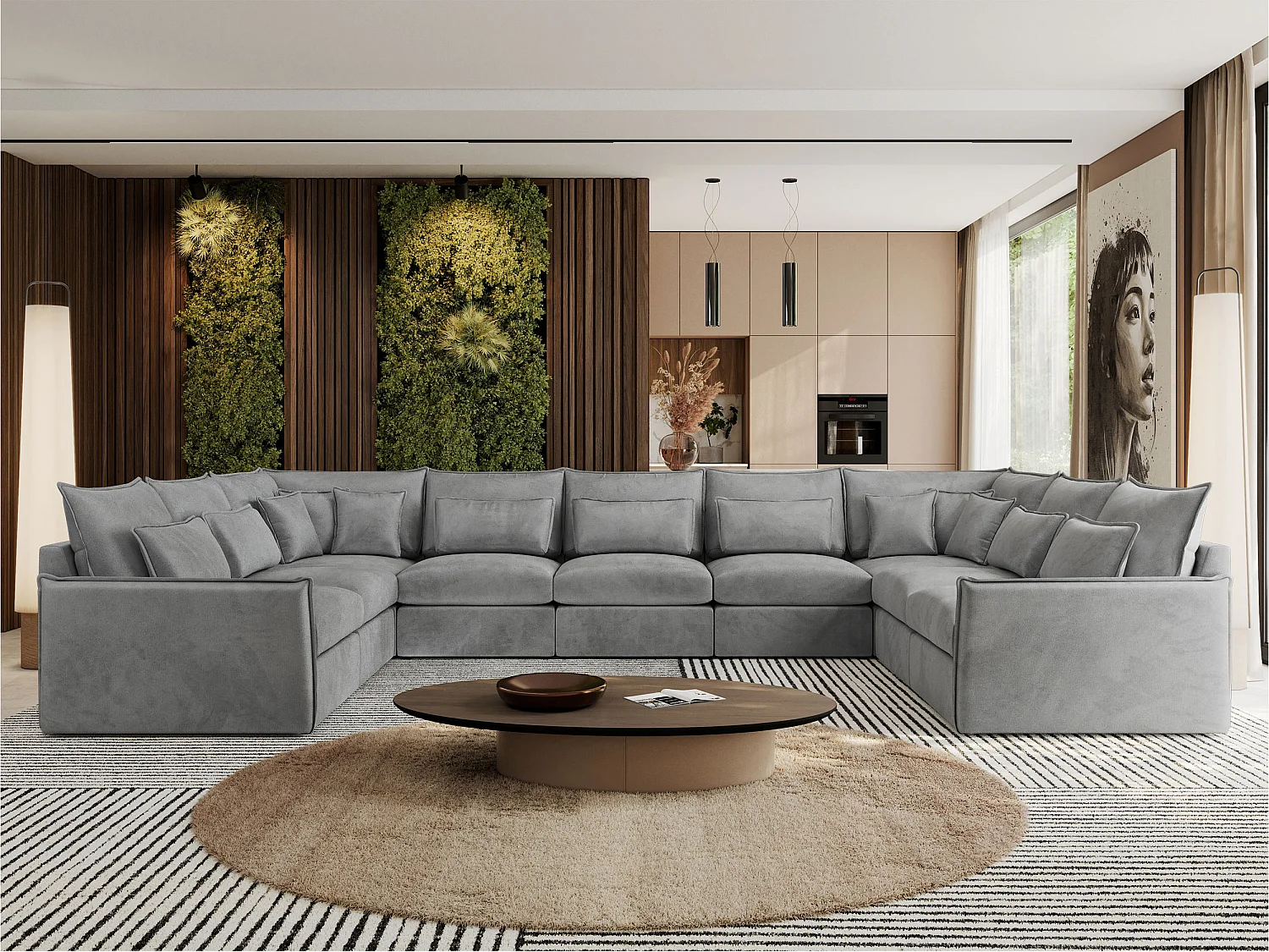 Ecksofa VERSO U9M - XXL Wohnlandschaft Ecke, modulare, Armlehnen und lose Kissen - Hellgrau Velvet