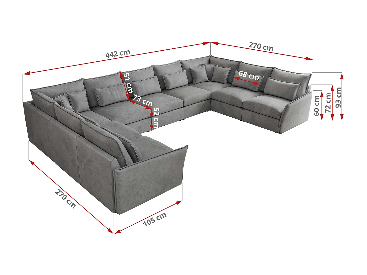 Ecksofa VERSO U9M - XXL Wohnlandschaft Ecke, modulare, Armlehnen und lose Kissen - Hellgrau Velvet