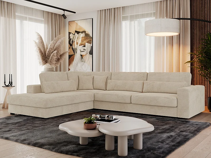 Ecksofa SAVONA - mit Armlehnen, lose Kissen, große L-förmige Ecke, Wohnlandschaft - Beige Cord - Ecke Links