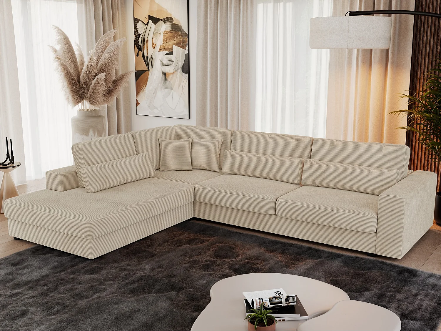 Ecksofa SAVONA - mit Armlehnen, lose Kissen, große L-förmige Ecke, Wohnlandschaft - Beige Cord - Ecke Links