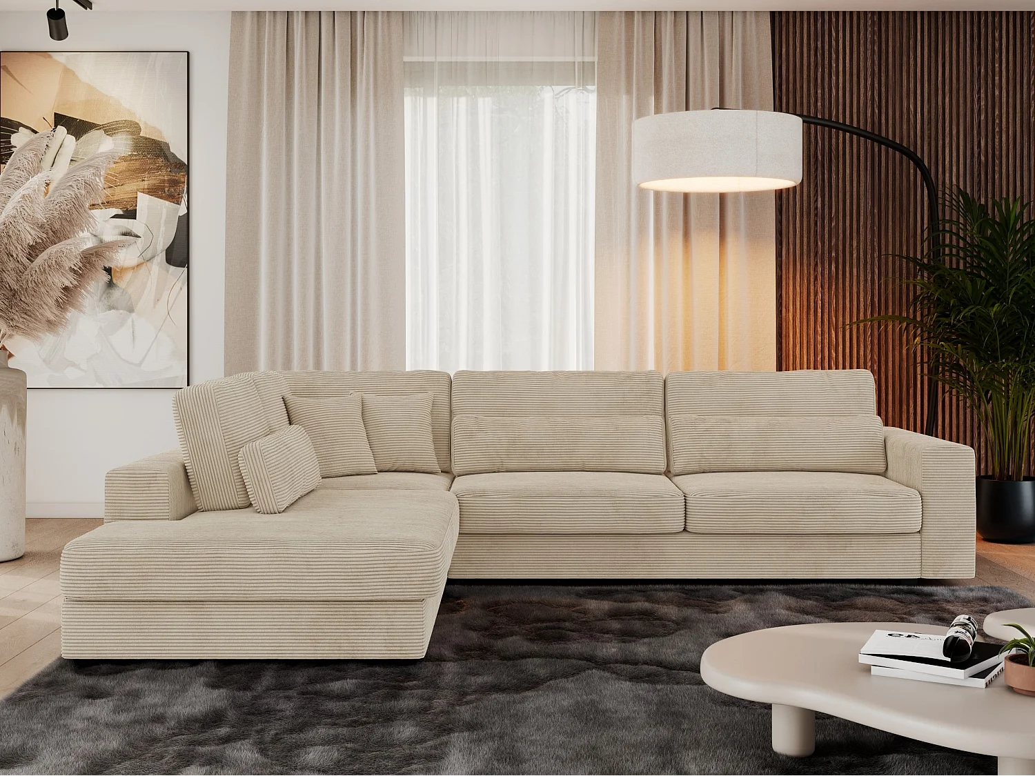 Ecksofa SAVONA - mit Armlehnen, lose Kissen, große L-förmige Ecke, Wohnlandschaft - Beige Cord - Ecke Links