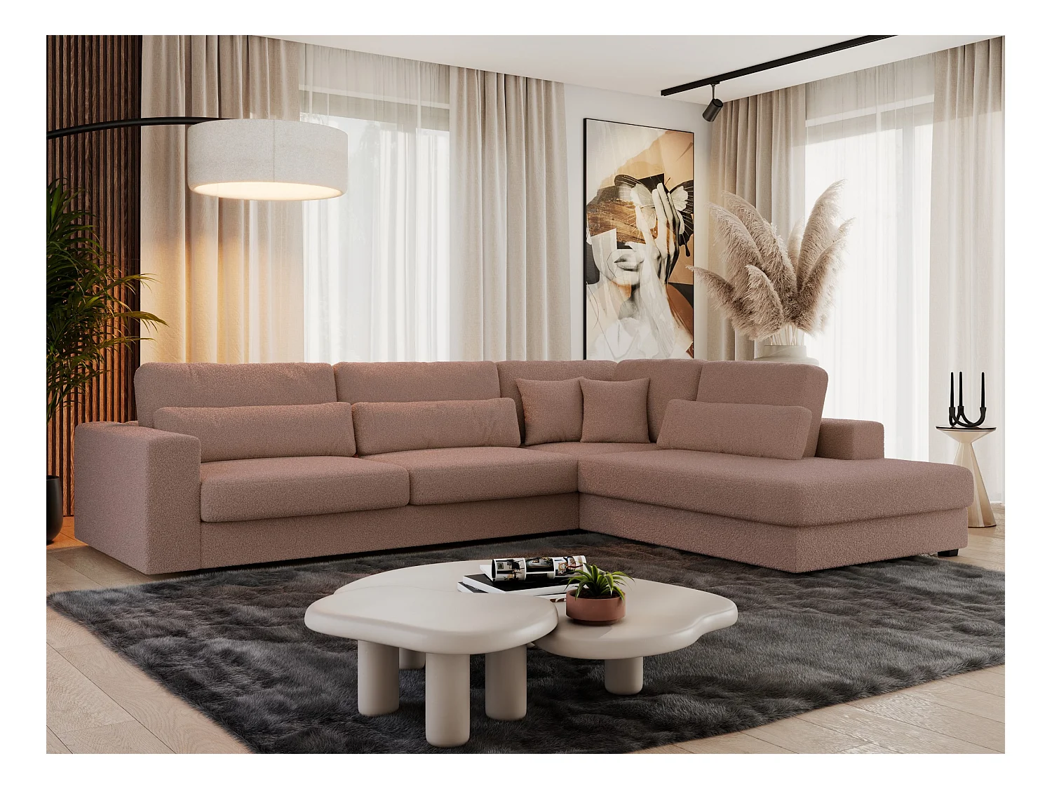 Ecksofa SAVONA - mit Armlehnen, lose Kissen, große L-förmige Ecke, Wohnlandschaft - Rosa Boucle - Ecke Rechts