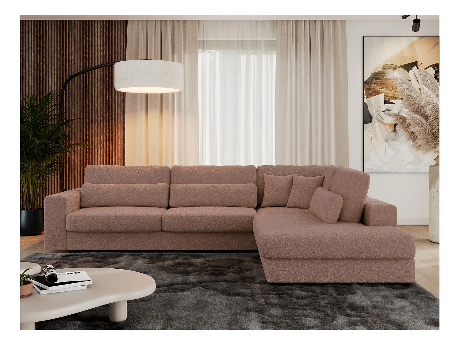 Ecksofa SAVONA - mit Armlehnen, lose Kissen, große L-förmige Ecke, Wohnlandschaft - Rosa Boucle - Ecke Rechts