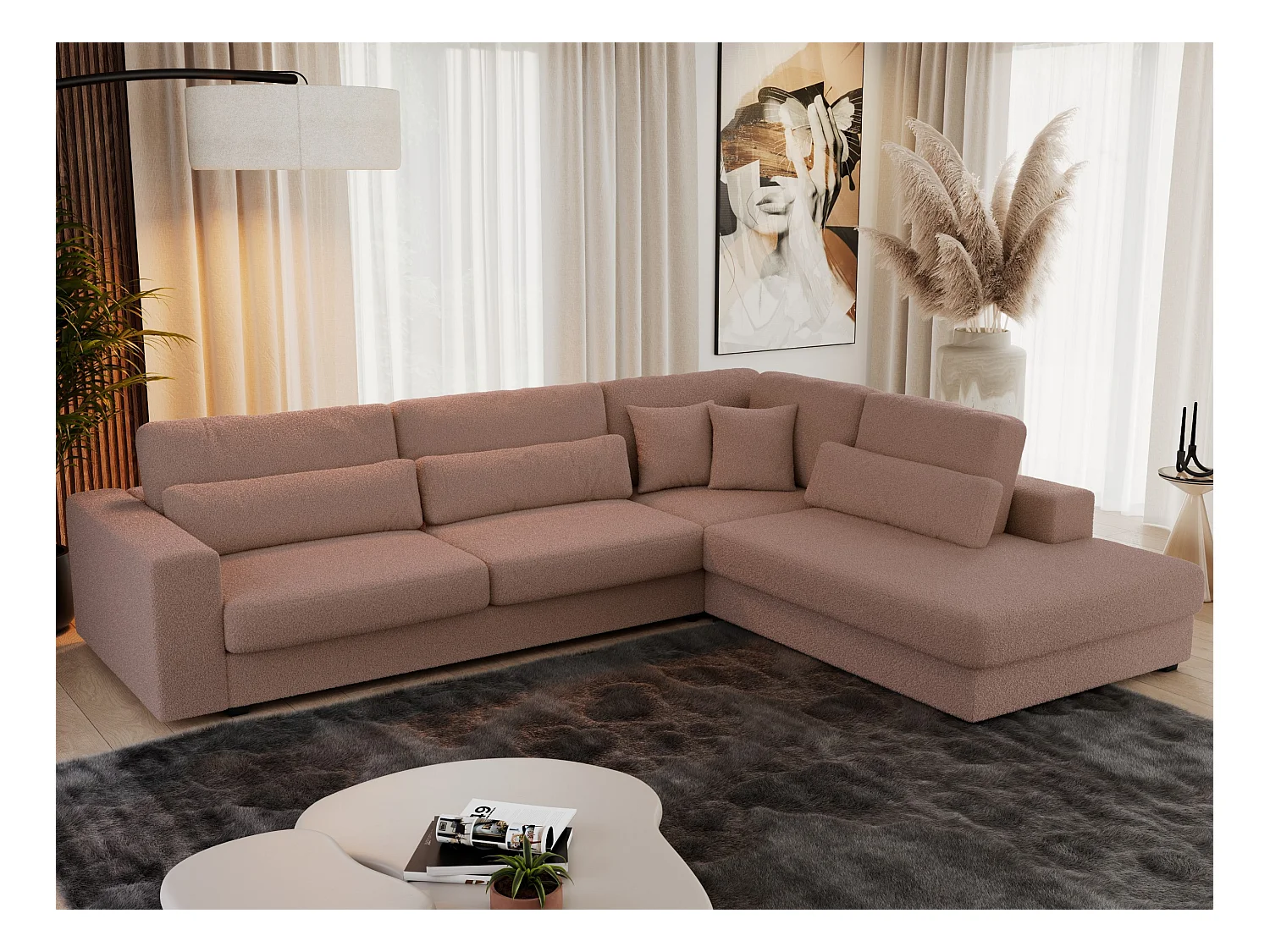 Ecksofa SAVONA - mit Armlehnen, lose Kissen, große L-förmige Ecke, Wohnlandschaft - Rosa Boucle - Ecke Rechts