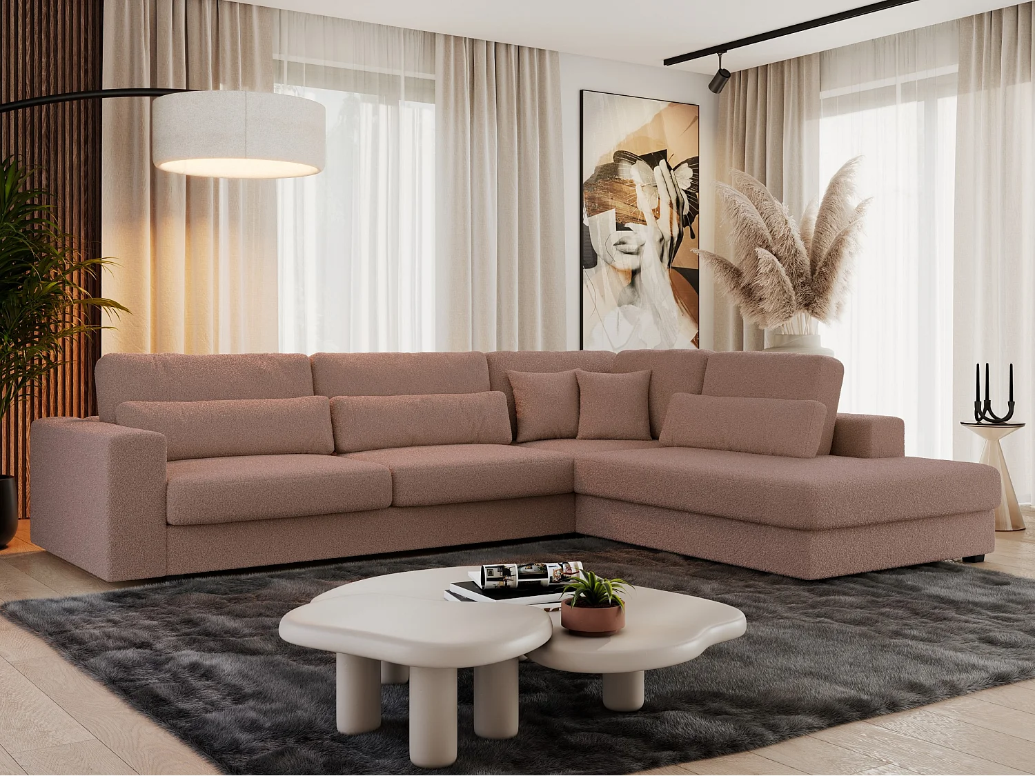 Ecksofa SAVONA - mit Armlehnen, lose Kissen, große L-förmige Ecke, Wohnlandschaft - Rosa Boucle - Ecke Rechts
