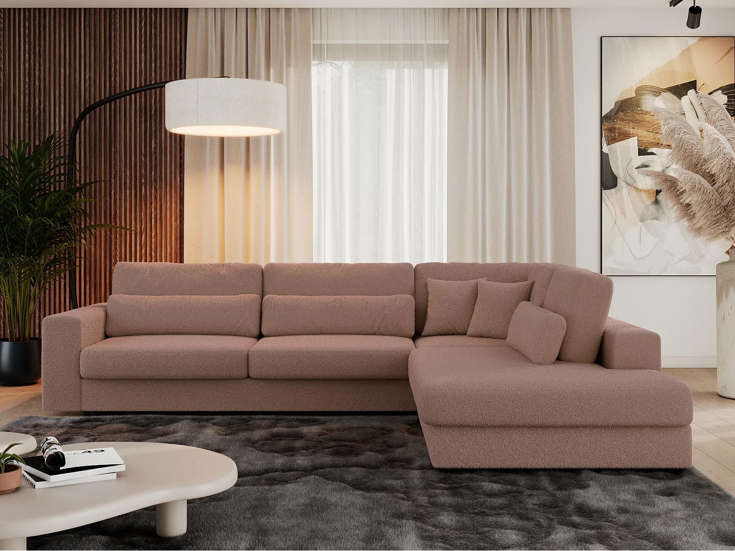 Ecksofa SAVONA - mit Armlehnen, lose Kissen, große L-förmige Ecke, Wohnlandschaft - Rosa Boucle - Ecke Rechts