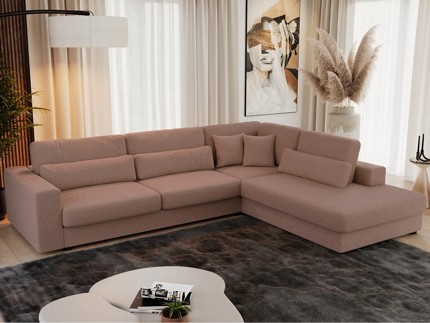 Ecksofa SAVONA - mit Armlehnen, lose Kissen, große L-förmige Ecke, Wohnlandschaft - Rosa Boucle - Ecke Rechts
