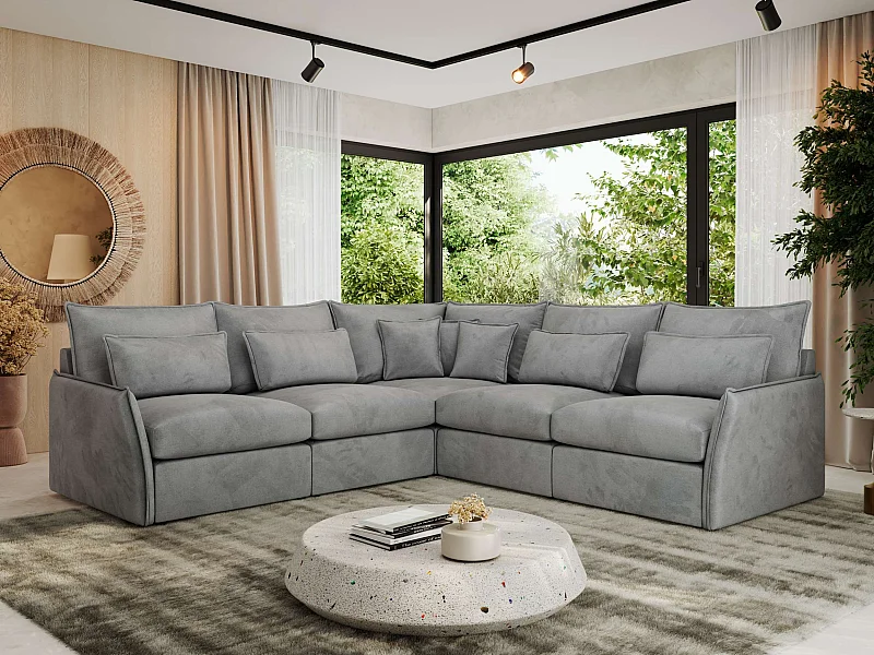 Ecksofa VERSO - modulare L-förmige Ecke, lose Kissen, Wohnlandschaft - Hellgrau Velvet