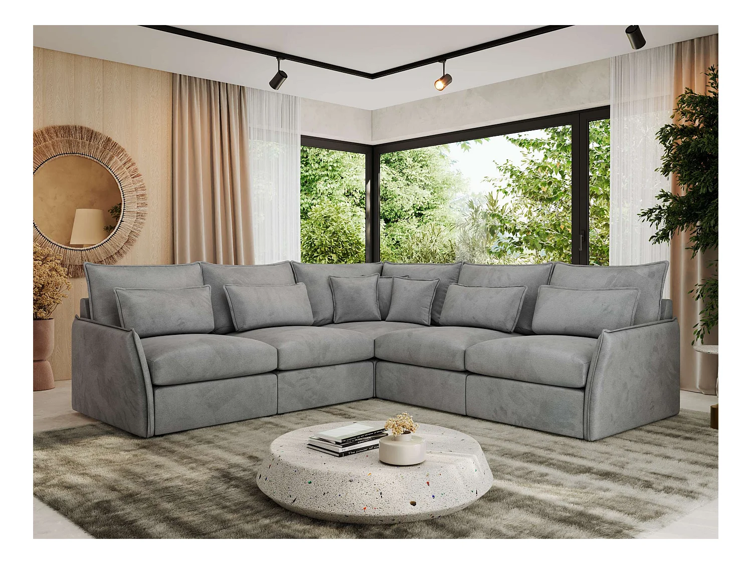 Ecksofa VERSO - modulare L-förmige Ecke, lose Kissen, Wohnlandschaft - Hellgrau Velvet