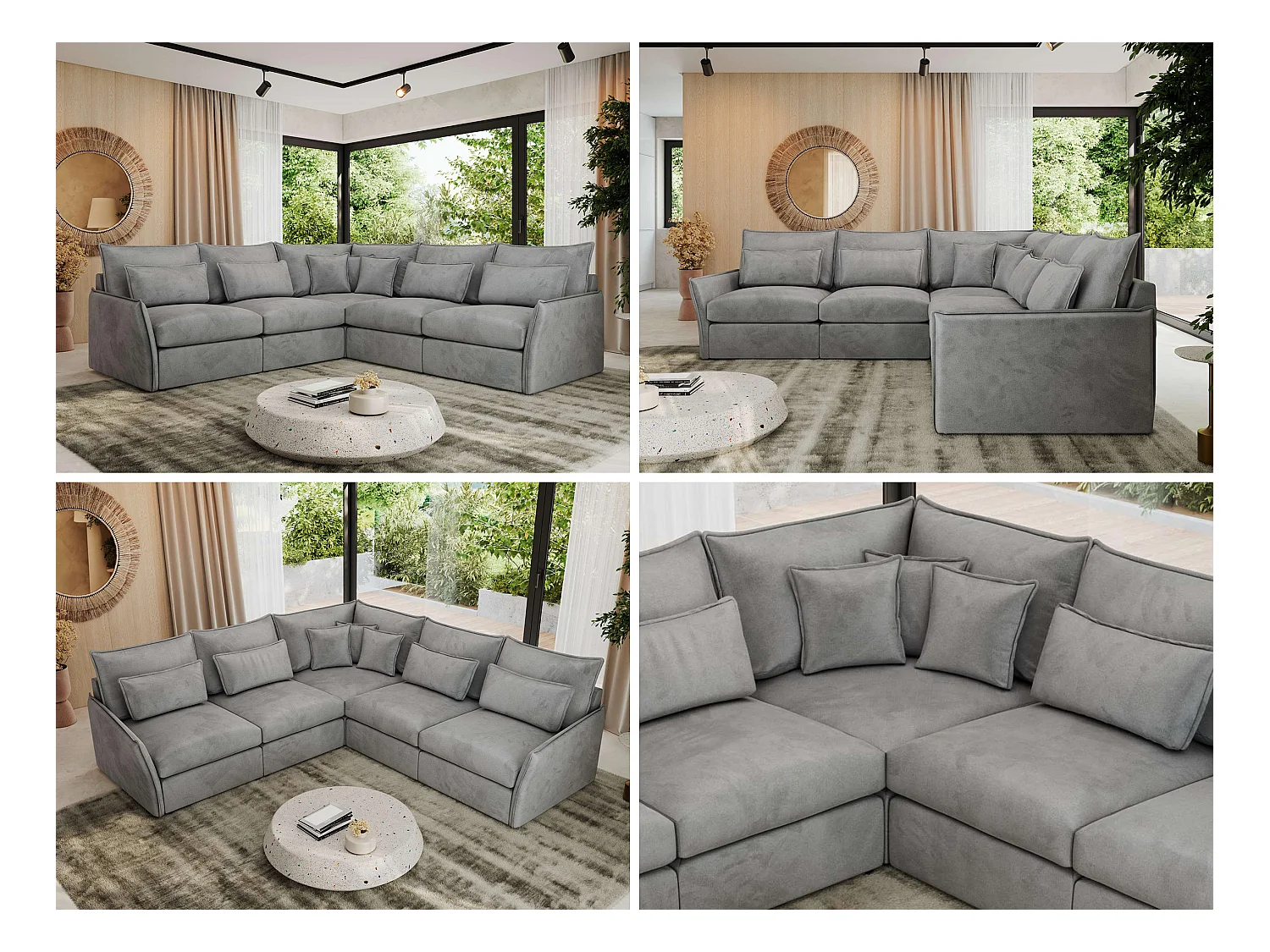 Ecksofa VERSO - modulare L-förmige Ecke, lose Kissen, Wohnlandschaft - Hellgrau Velvet