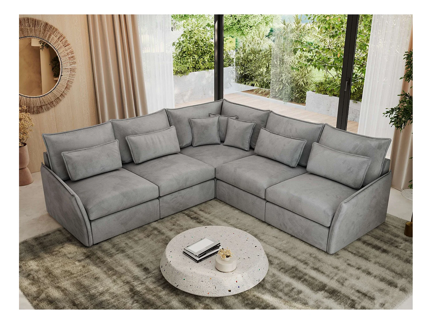 Ecksofa VERSO - modulare L-förmige Ecke, lose Kissen, Wohnlandschaft - Hellgrau Velvet