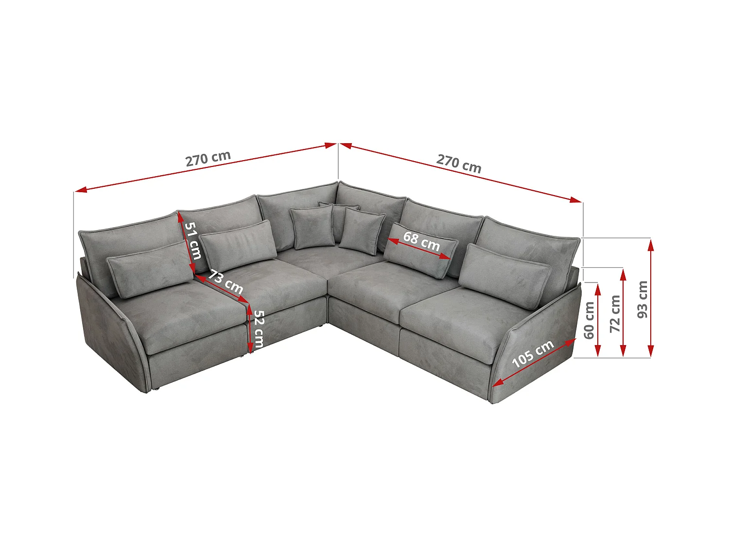 Ecksofa VERSO - modulare L-förmige Ecke, lose Kissen, Wohnlandschaft - Hellgrau Velvet