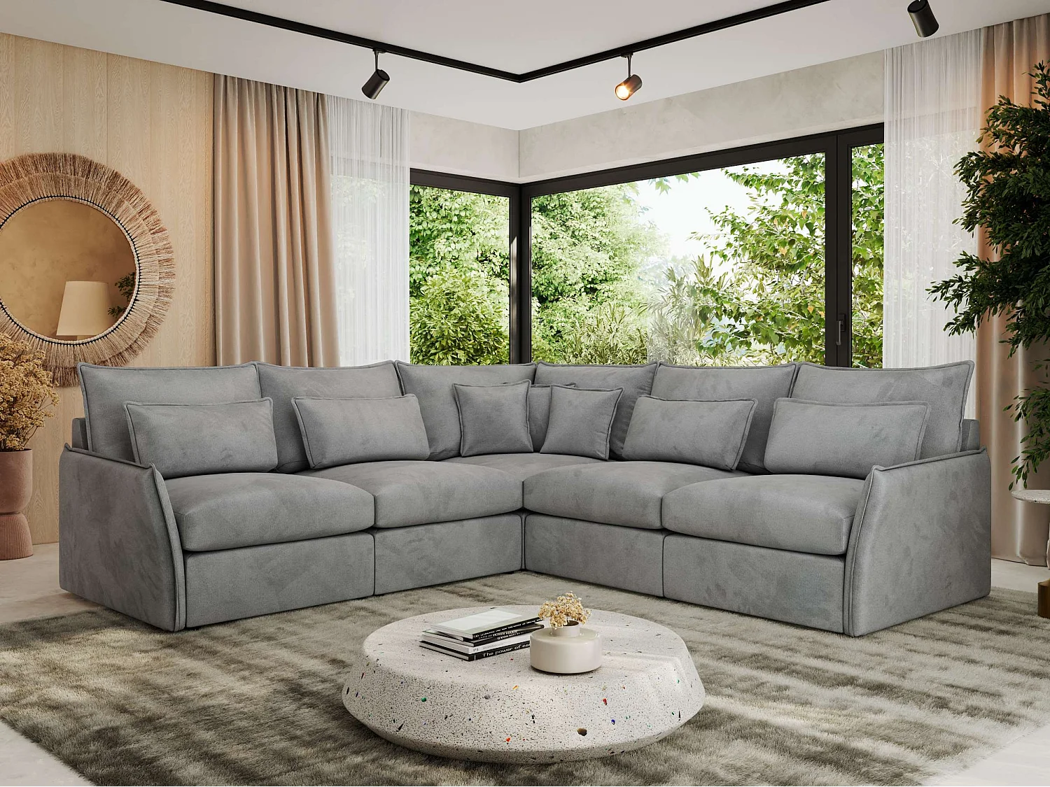 Ecksofa VERSO - modulare L-förmige Ecke, lose Kissen, Wohnlandschaft - Hellgrau Velvet