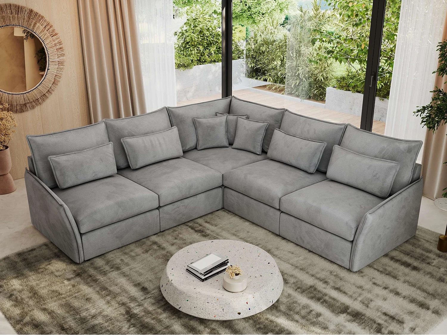 Ecksofa VERSO - modulare L-förmige Ecke, lose Kissen, Wohnlandschaft - Hellgrau Velvet