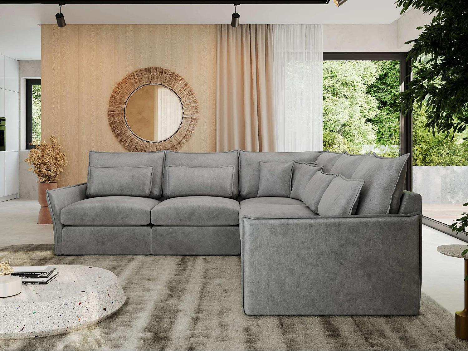 Ecksofa VERSO - modulare L-förmige Ecke, lose Kissen, Wohnlandschaft - Hellgrau Velvet