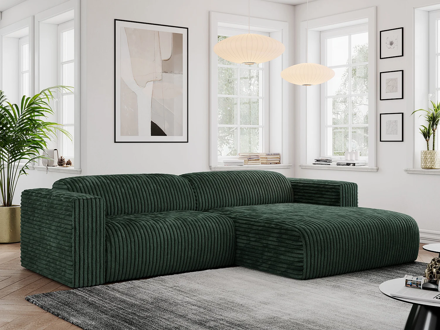 Ecksofa PASADENA - mit Armlehnen, Wohnlandschaft, freistehendes Sofa, große Ecke - Grün Cord - Ecke Rechts