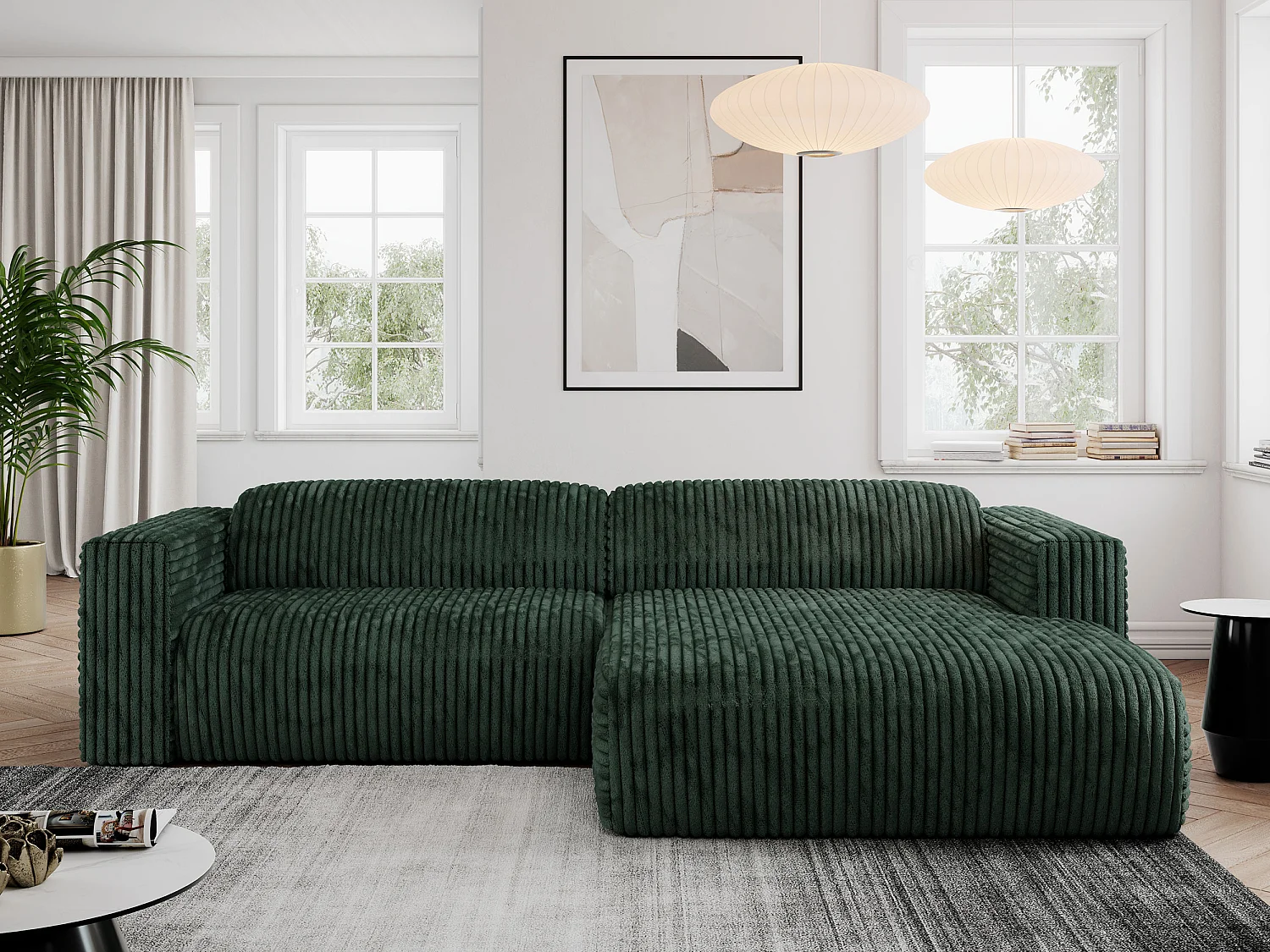 Ecksofa PASADENA - mit Armlehnen, Wohnlandschaft, freistehendes Sofa, große Ecke - Grün Cord - Ecke Rechts