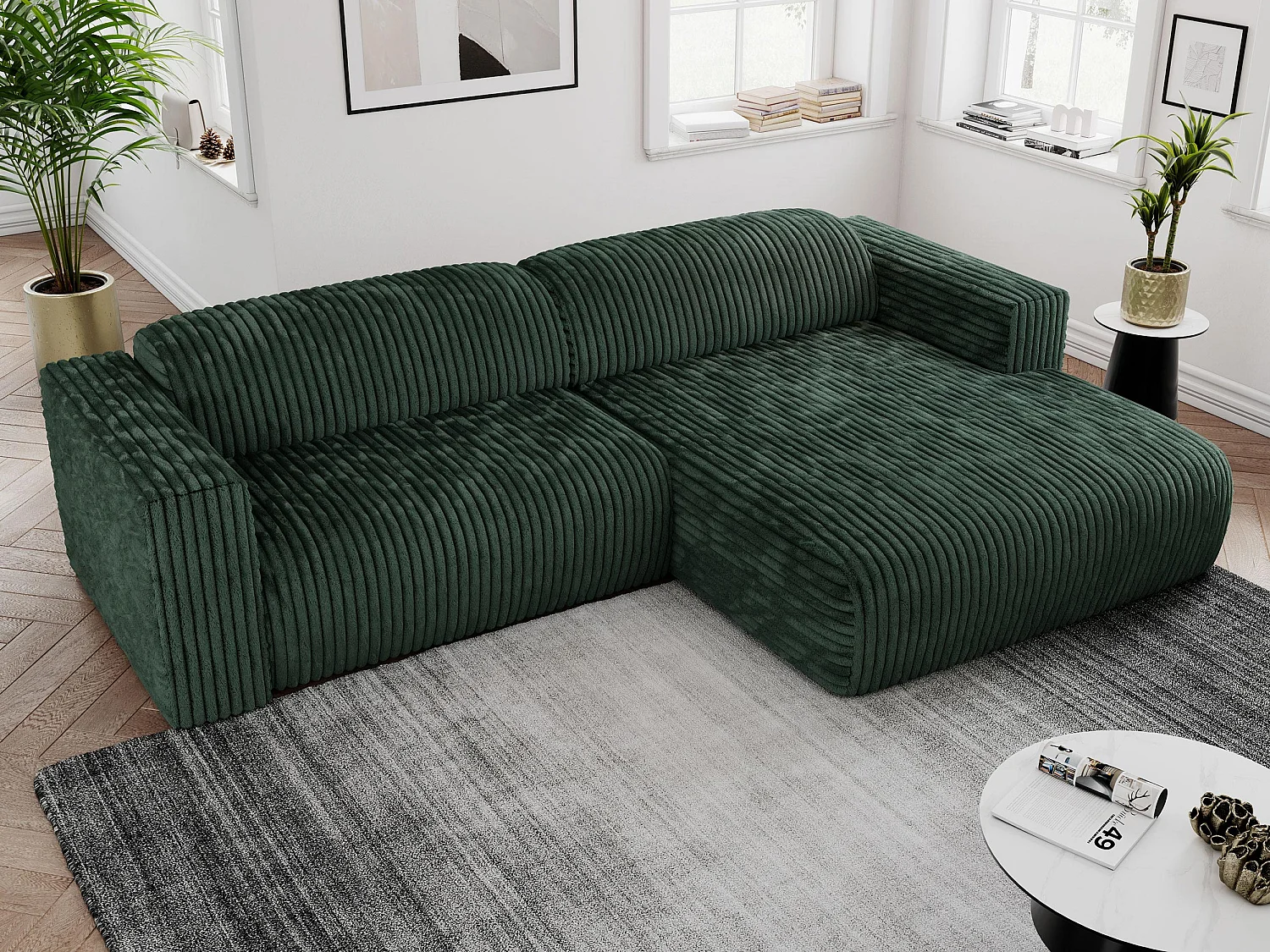 Ecksofa PASADENA - mit Armlehnen, Wohnlandschaft, freistehendes Sofa, große Ecke - Grün Cord - Ecke Rechts
