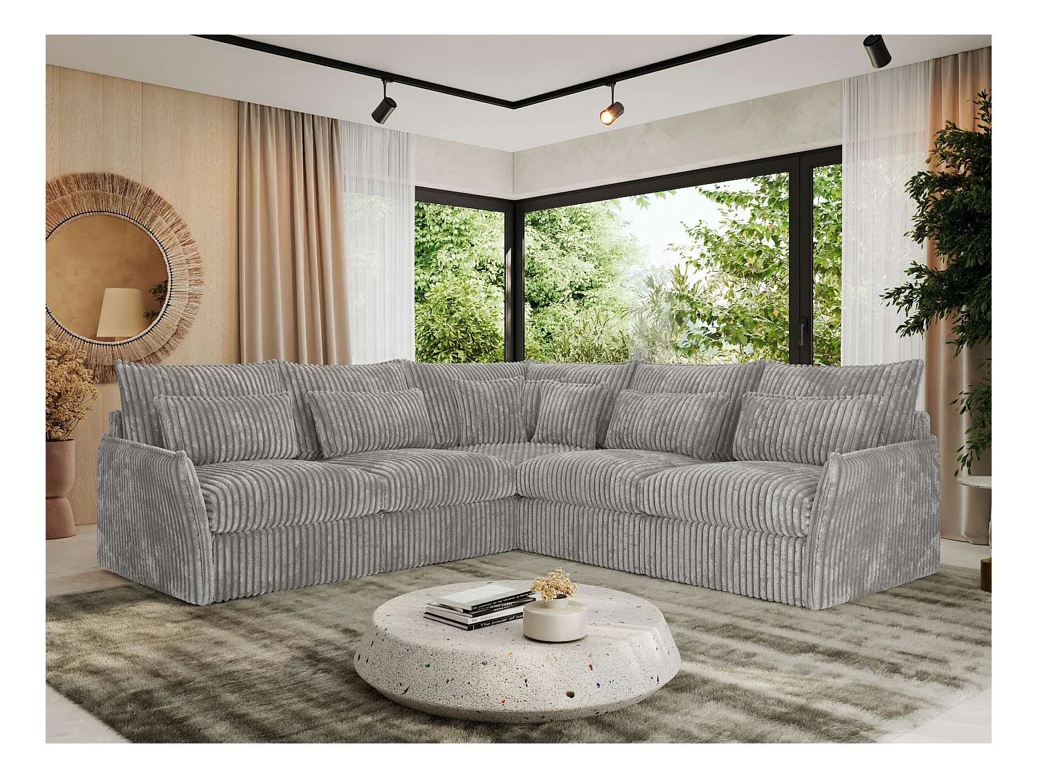 Ecksofa VERSO - modulare L-förmige Ecke, lose Kissen, Wohnlandschaft - Hellgrau Cord