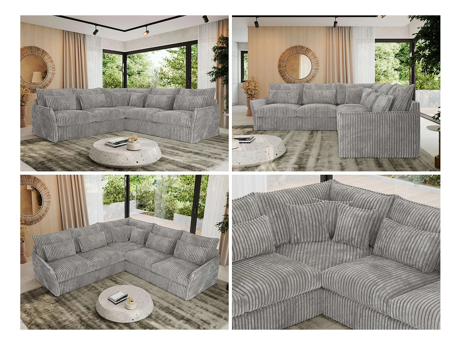 Ecksofa VERSO - modulare L-förmige Ecke, lose Kissen, Wohnlandschaft - Hellgrau Cord