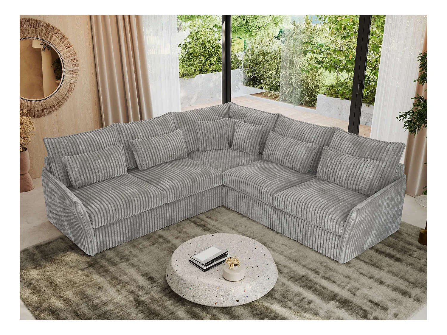 Ecksofa VERSO - modulare L-förmige Ecke, lose Kissen, Wohnlandschaft - Hellgrau Cord