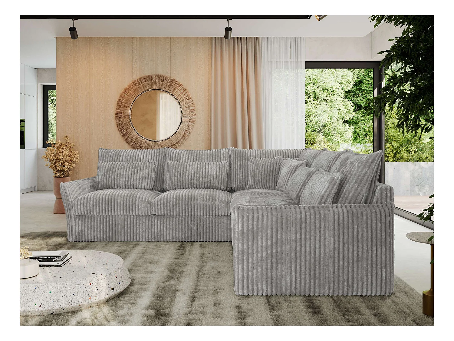 Ecksofa VERSO - modulare L-förmige Ecke, lose Kissen, Wohnlandschaft - Hellgrau Cord