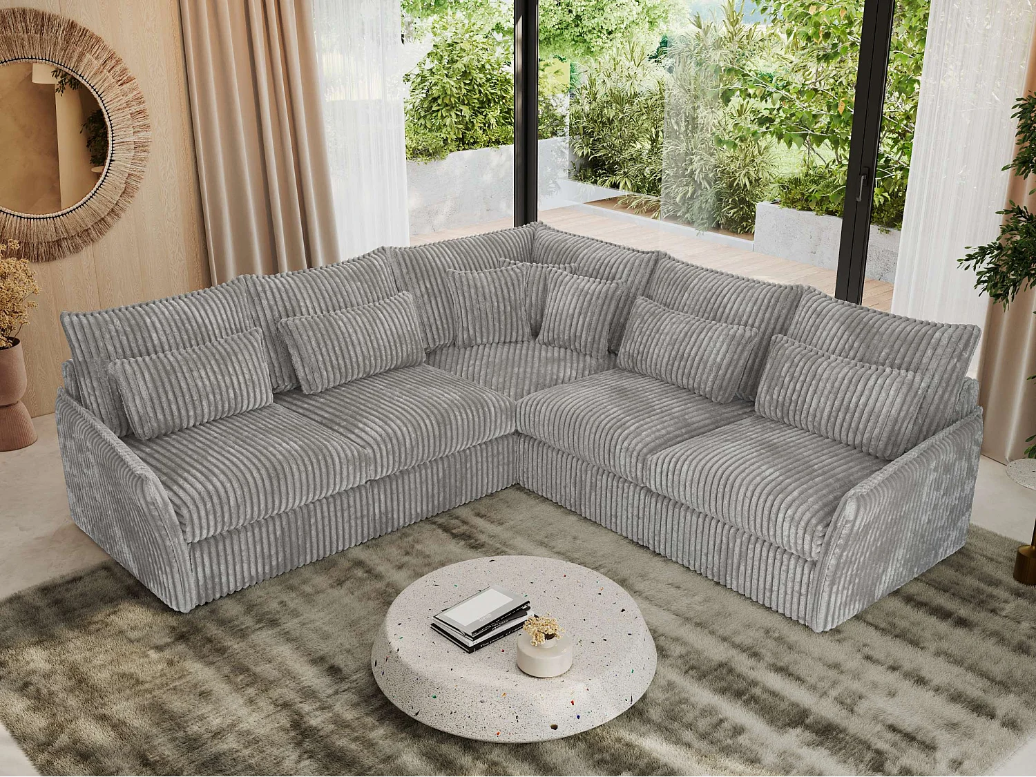 Ecksofa VERSO - modulare L-förmige Ecke, lose Kissen, Wohnlandschaft - Hellgrau Cord