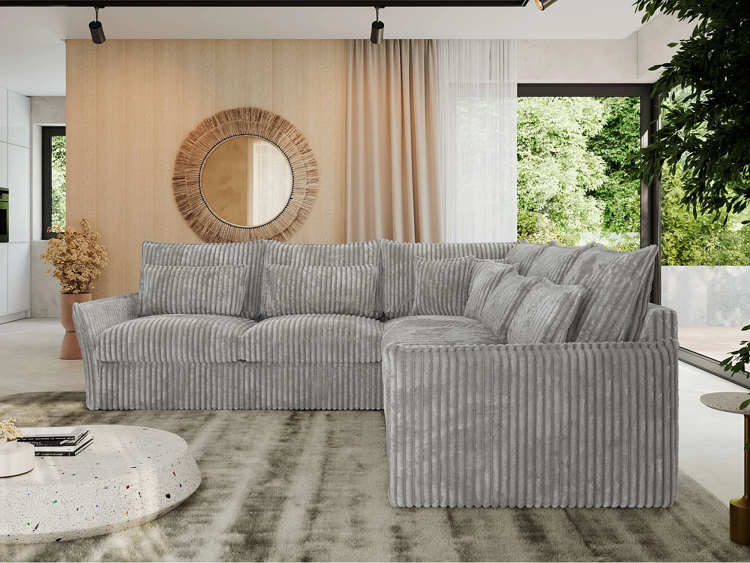 Ecksofa VERSO - modulare L-förmige Ecke, lose Kissen, Wohnlandschaft - Hellgrau Cord