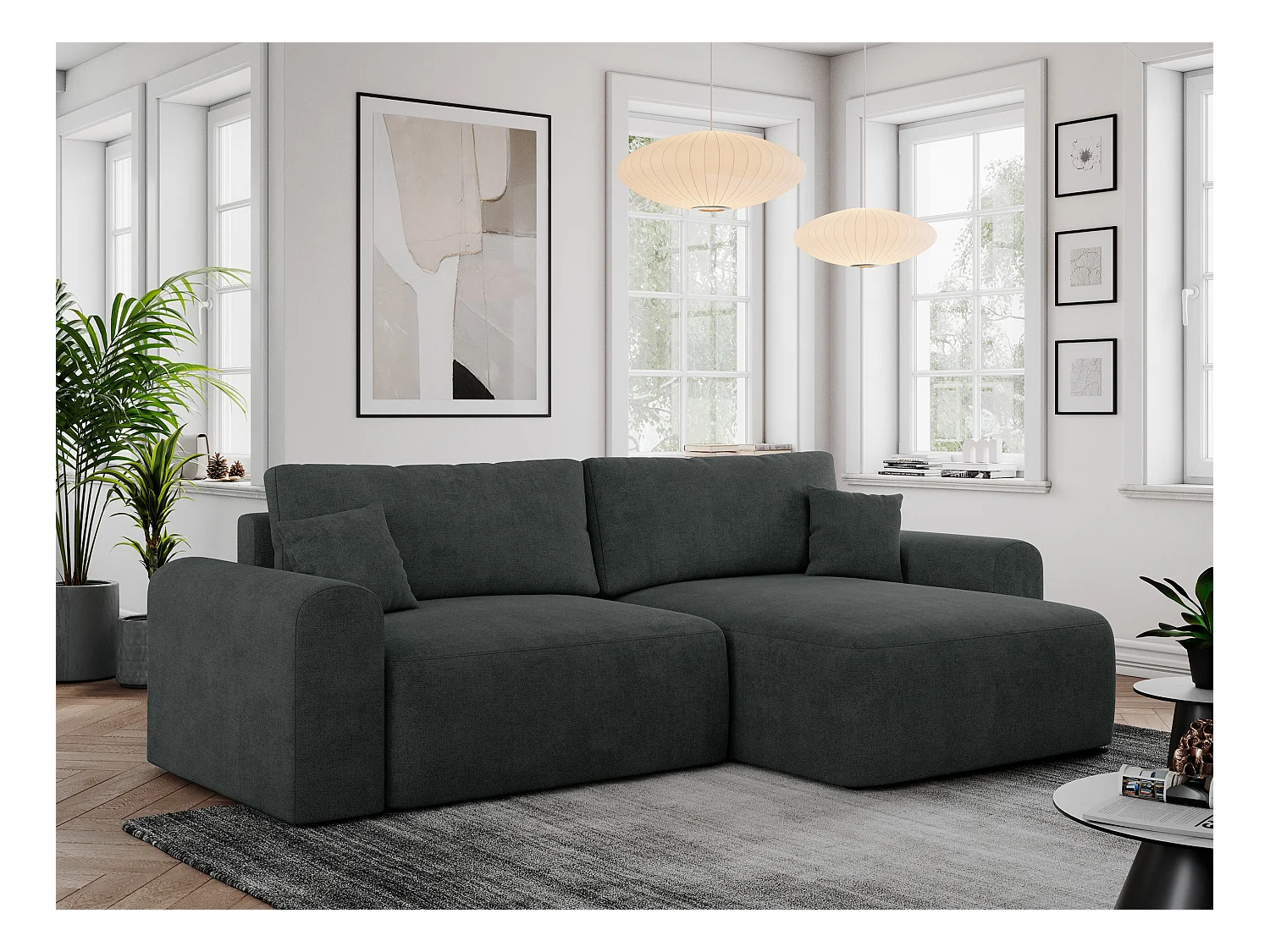 Ecksofa NELSON - Schlafcouch mit Armlehnen und Bettkasten, universelles L-förmige Ecksofa - Dunkelgrau Stukture