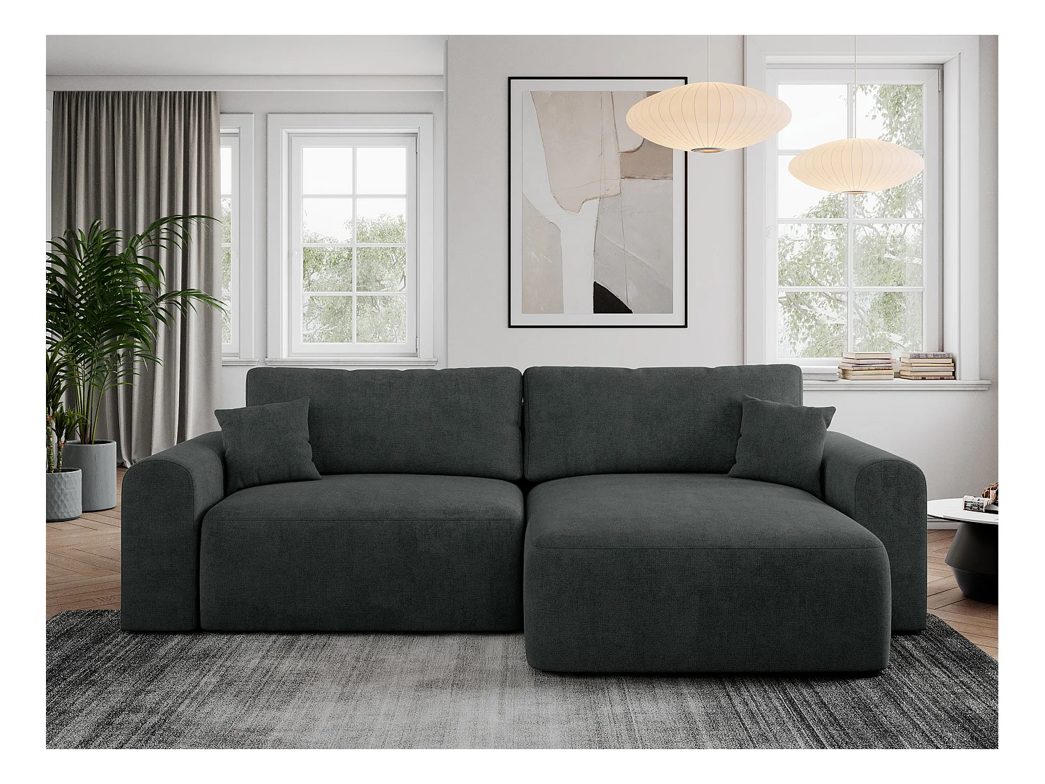 Ecksofa NELSON - Schlafcouch mit Armlehnen und Bettkasten, universelles L-förmige Ecksofa - Dunkelgrau Stukture