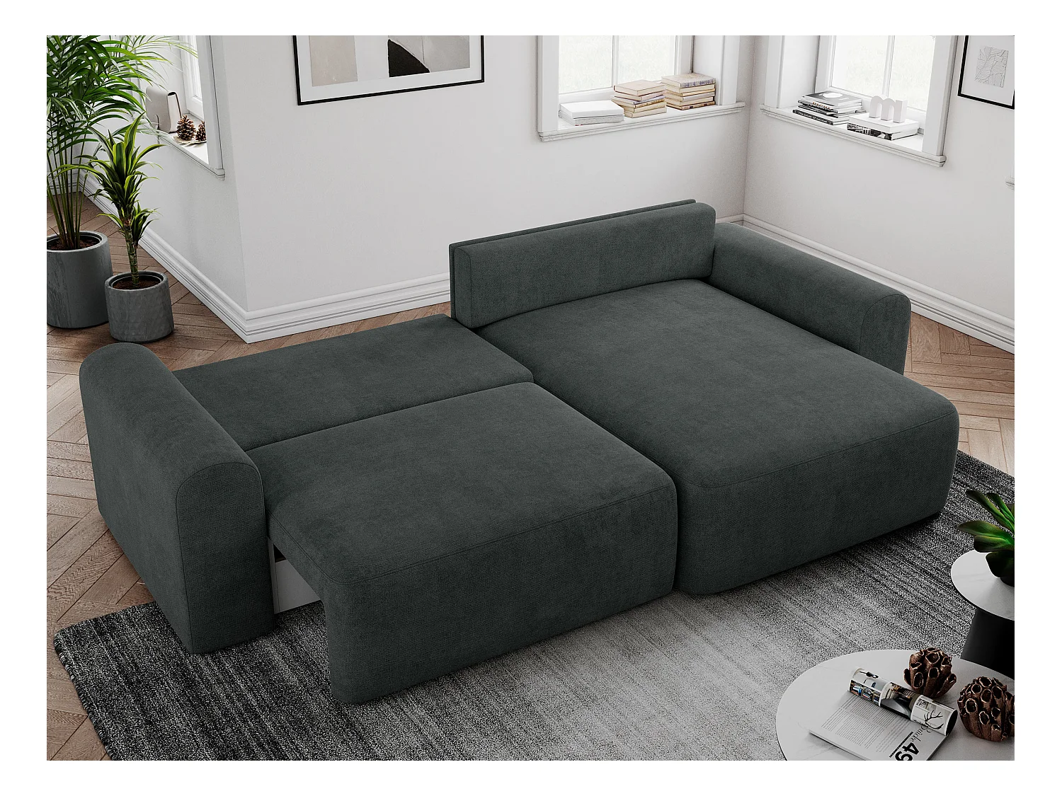 Ecksofa NELSON - Schlafcouch mit Armlehnen und Bettkasten, universelles L-förmige Ecksofa - Dunkelgrau Stukture