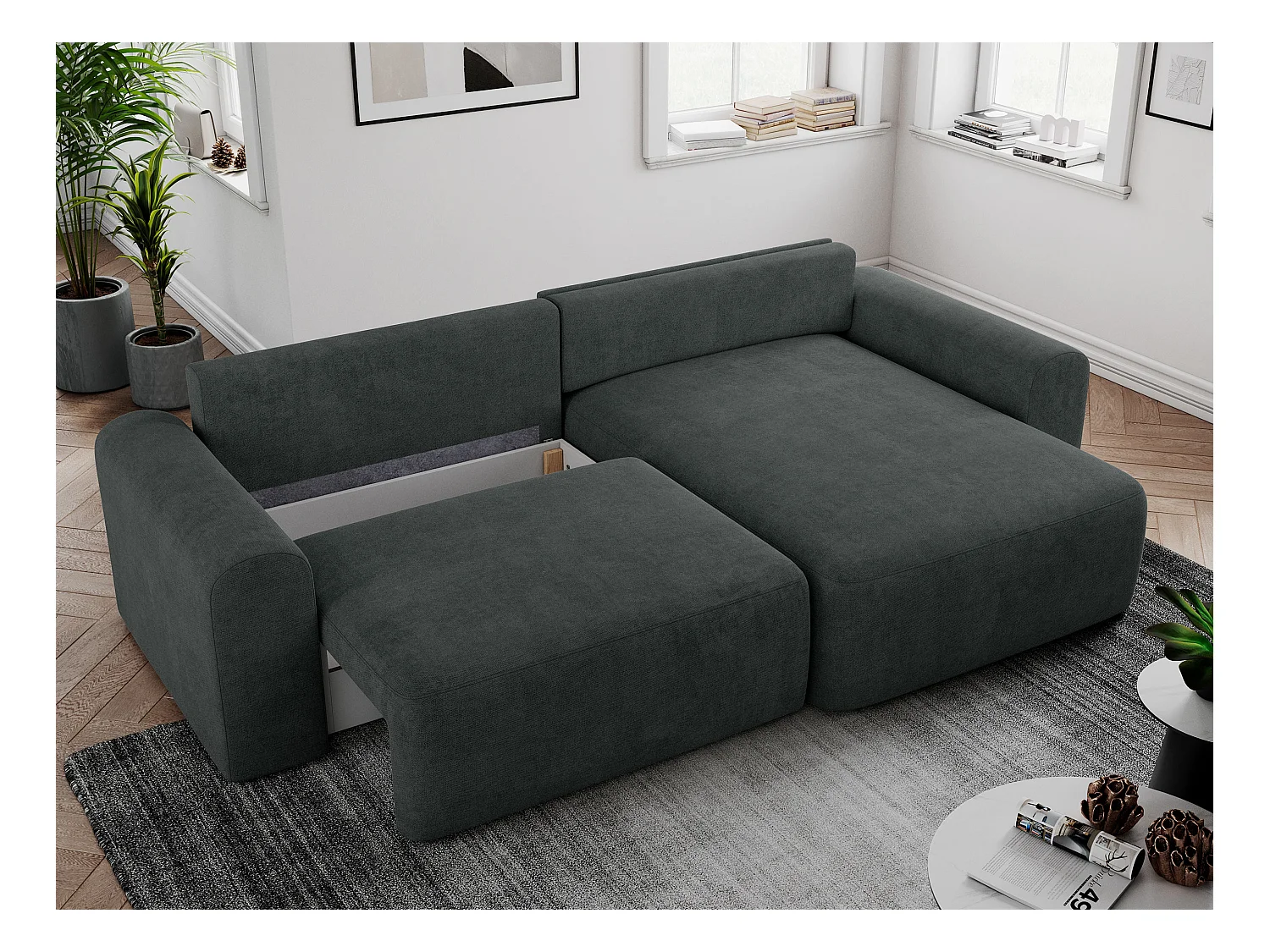 Ecksofa NELSON - Schlafcouch mit Armlehnen und Bettkasten, universelles L-förmige Ecksofa - Dunkelgrau Stukture