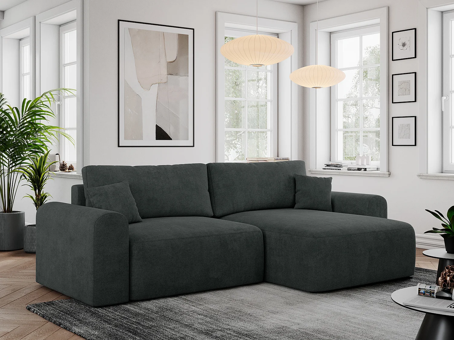 Ecksofa NELSON - Schlafcouch mit Armlehnen und Bettkasten, universelles L-förmige Ecksofa - Dunkelgrau Stukture