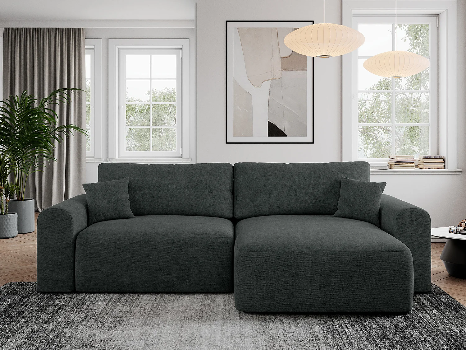 Ecksofa NELSON - Schlafcouch mit Armlehnen und Bettkasten, universelles L-förmige Ecksofa - Dunkelgrau Stukture