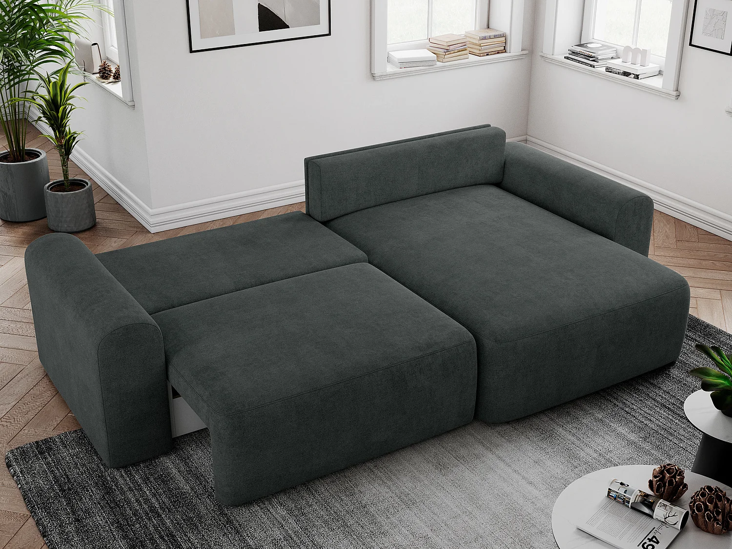 Ecksofa NELSON - Schlafcouch mit Armlehnen und Bettkasten, universelles L-förmige Ecksofa - Dunkelgrau Stukture