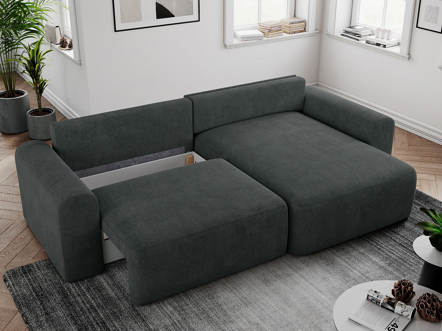 Ecksofa NELSON - Schlafcouch mit Armlehnen und Bettkasten, universelles L-förmige Ecksofa - Dunkelgrau Stukture