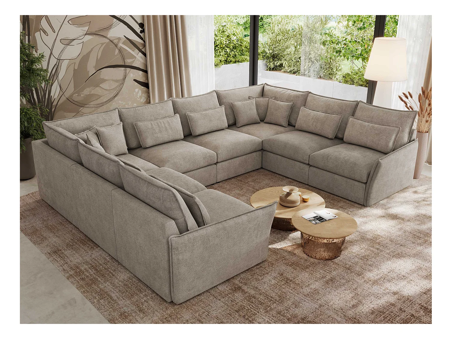 Ecksofa VERSO U8M - modulare U-förmige Ecke mit Armlehnen, Wohnlandschaft, Ecksofa XXL, lose Kissen - Beige Struktur