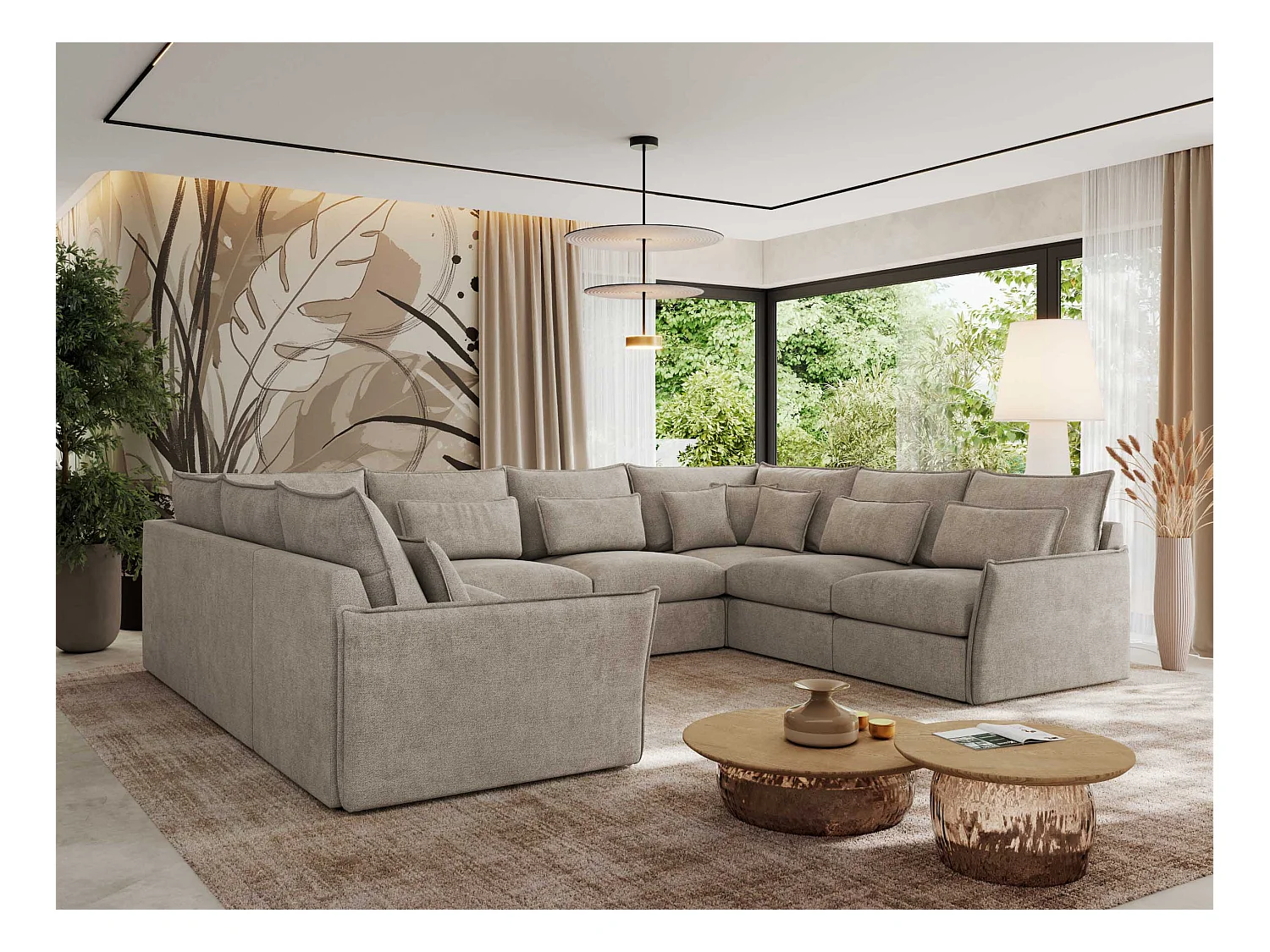 Ecksofa VERSO U8M - modulare U-förmige Ecke mit Armlehnen, Wohnlandschaft, Ecksofa XXL, lose Kissen - Beige Struktur