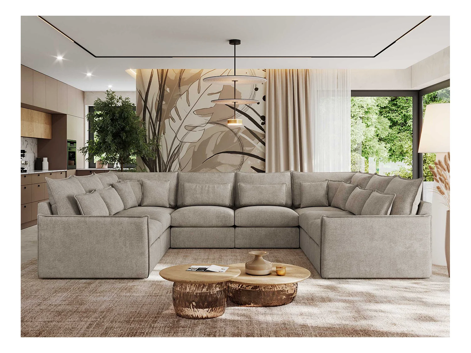 Ecksofa VERSO U8M - modulare U-förmige Ecke mit Armlehnen, Wohnlandschaft, Ecksofa XXL, lose Kissen - Beige Struktur