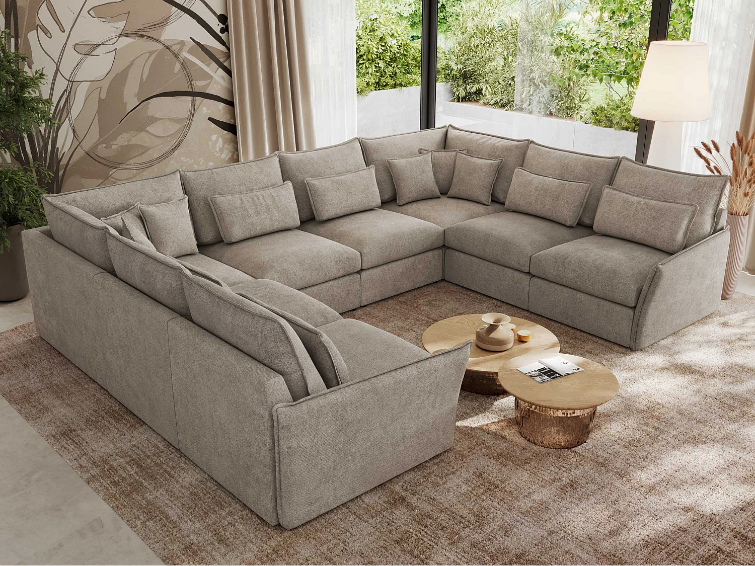 Ecksofa VERSO U8M - modulare U-förmige Ecke mit Armlehnen, Wohnlandschaft, Ecksofa XXL, lose Kissen - Beige Struktur