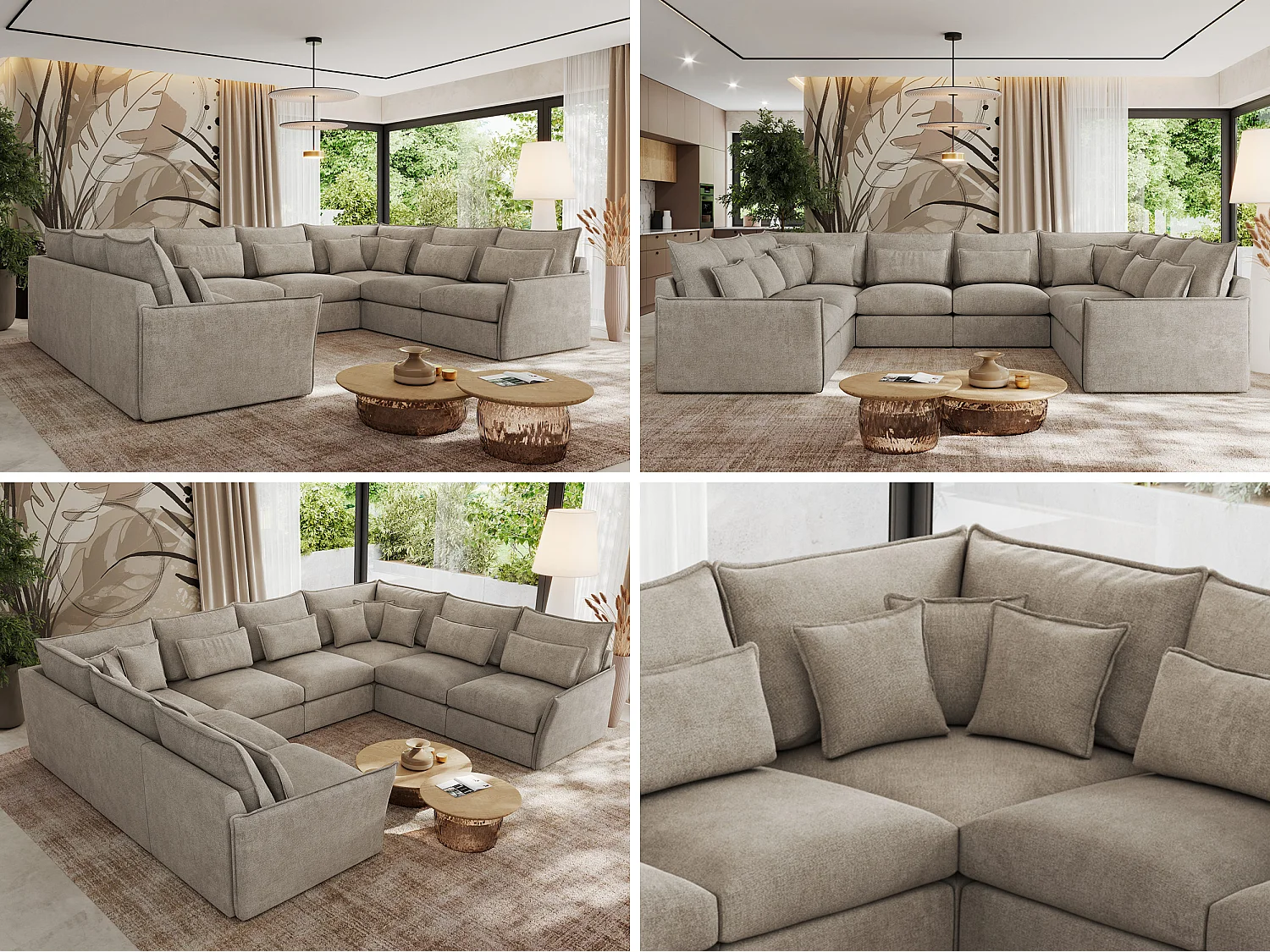 Ecksofa VERSO U8M - modulare U-förmige Ecke mit Armlehnen, Wohnlandschaft, Ecksofa XXL, lose Kissen - Beige Struktur