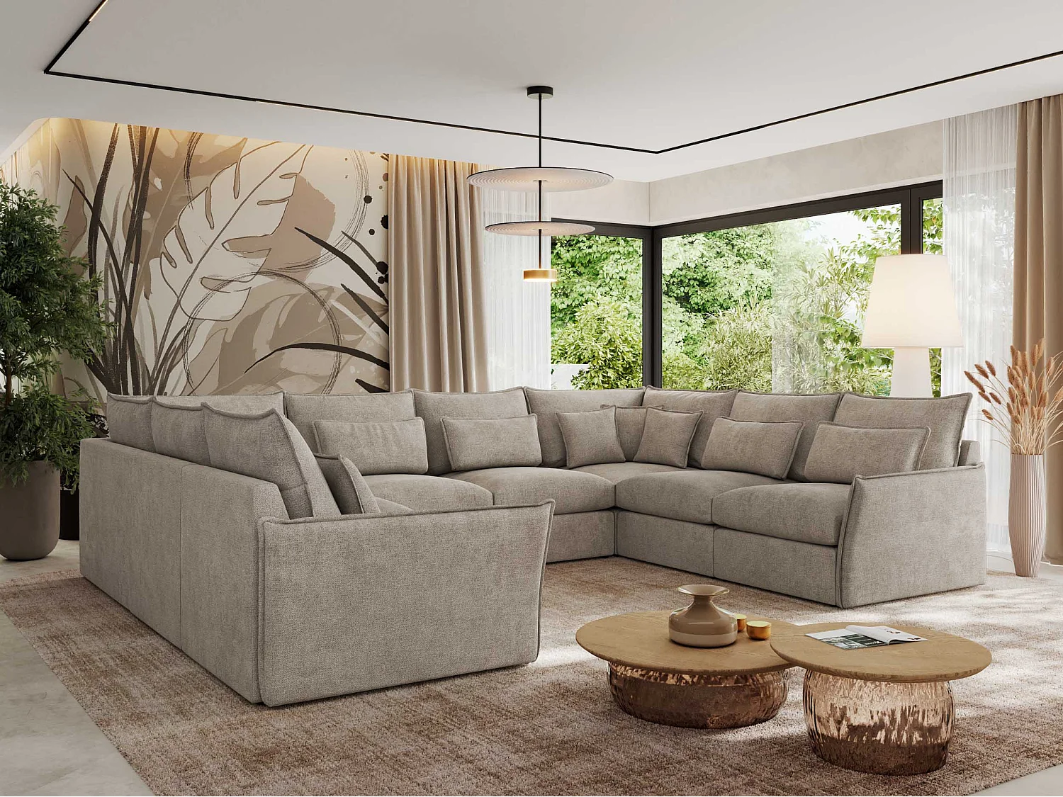 Ecksofa VERSO U8M - modulare U-förmige Ecke mit Armlehnen, Wohnlandschaft, Ecksofa XXL, lose Kissen - Beige Struktur